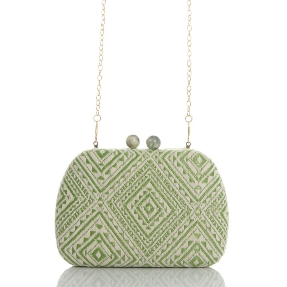 Alexah Green White Tread Wallet Clutch Chain Crossbody Bag Ethnic Design Nature